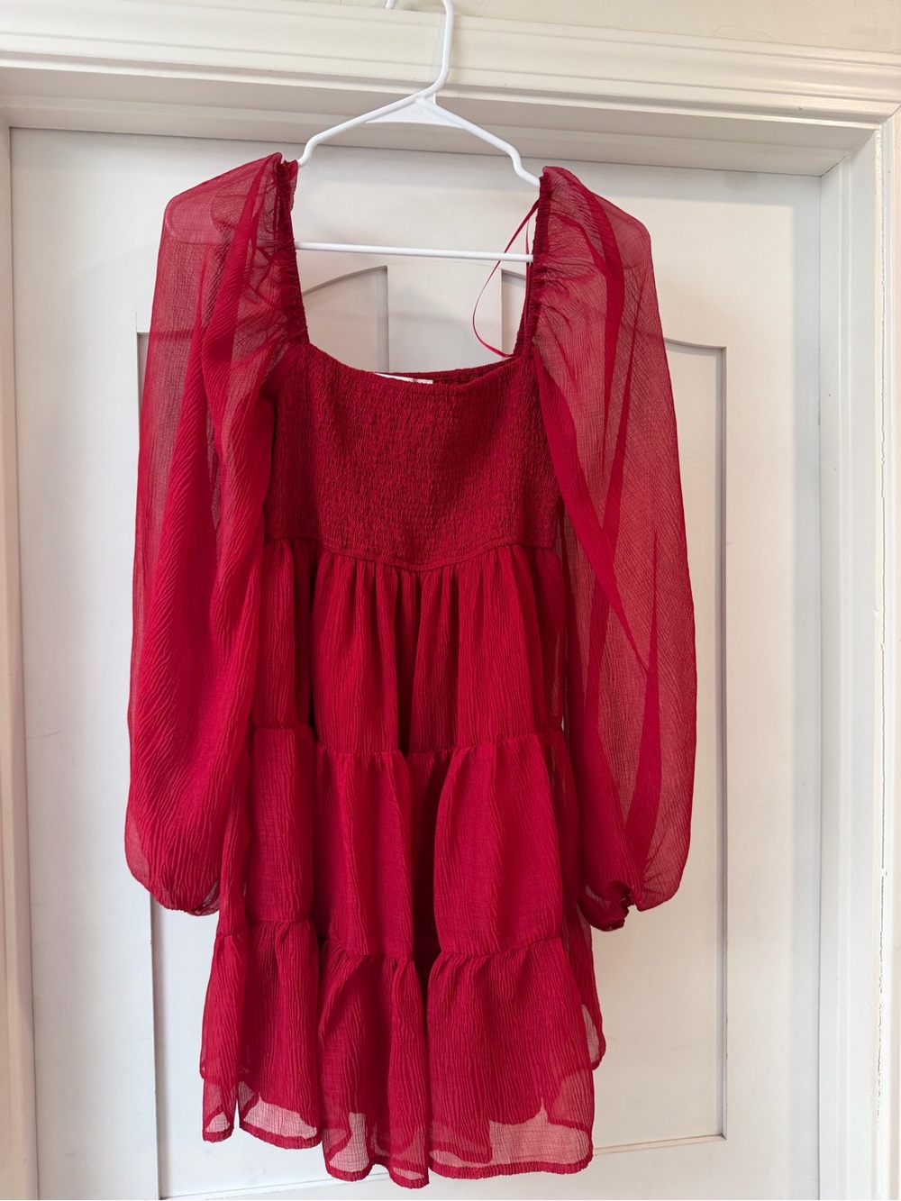 Altar'd State Red Tiered Midi Dress with Sheer Puff Sleeves